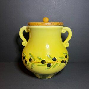 MSRF Olive Branch Yellow & Green Ceramic Double Handle Storage Jar Canister 8.5"